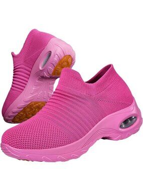 Women's Hot Pink Non Slip Work Walking Comfort Breathable Mesh Slip On Sneaker